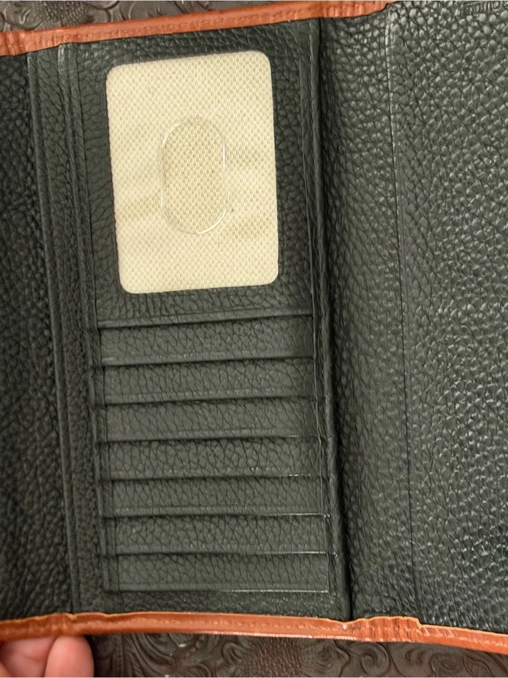 Dooney & Bourke Black Pebbled Leather Wallet with Brown Trim Patch